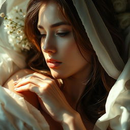 A close-up artistic interpretation of a woman in a serene and private setting, highlighted by soft light and gentle shadows