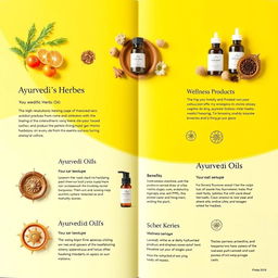 A vibrant and eye-catching catalog page for Ayurvedic products featuring a bright yellow background