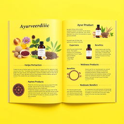 A vibrant and eye-catching catalog page for Ayurvedic products featuring a bright yellow background