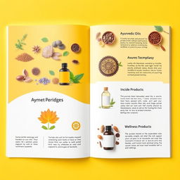 A vibrant and eye-catching catalog page for Ayurvedic products featuring a bright yellow background