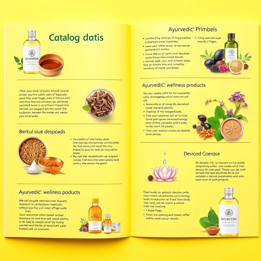 A vibrant and eye-catching catalog page for Ayurvedic products featuring a bright yellow background
