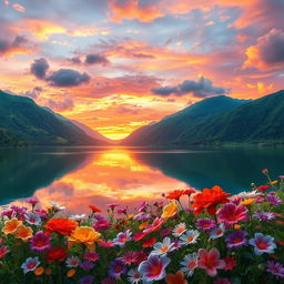 A beautiful fantasy landscape depicting a serene lake surrounded by lush green mountains under a vibrant sunset sky