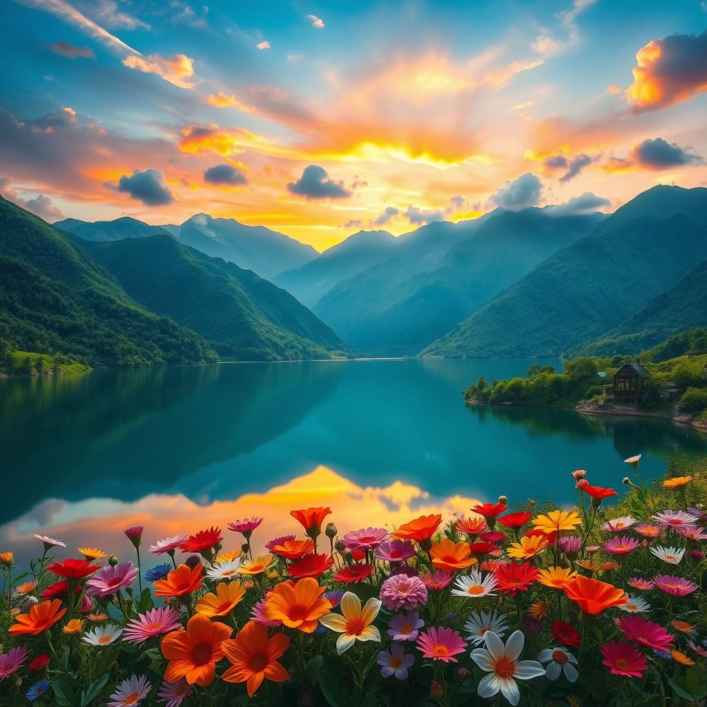 A beautiful fantasy landscape depicting a serene lake surrounded by lush green mountains under a vibrant sunset sky