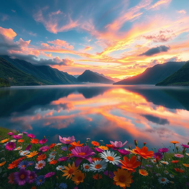 A beautiful fantasy landscape depicting a serene lake surrounded by lush green mountains under a vibrant sunset sky