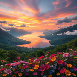 A beautiful fantasy landscape depicting a serene lake surrounded by lush green mountains under a vibrant sunset sky