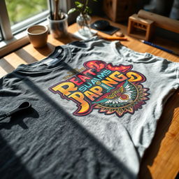 A close-up photograph of a stylish t-shirt displayed on a wooden surface