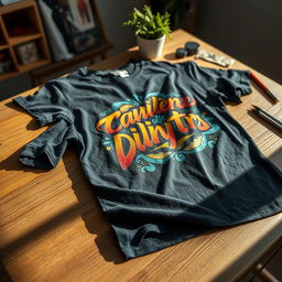 A close-up photograph of a stylish t-shirt displayed on a wooden surface