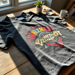 A close-up photograph of a stylish t-shirt displayed on a wooden surface