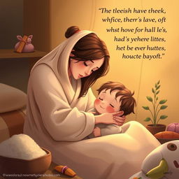 A beautifully illustrated scene depicting the deep bond between a mother and child, highlighting themes of sacrifice, love, and protection