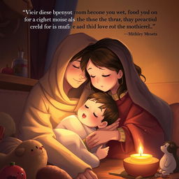 A beautifully illustrated scene depicting the deep bond between a mother and child, highlighting themes of sacrifice, love, and protection