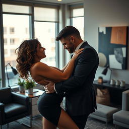 A sensual and intimate scene set in an office environment, showcasing a couple engaged in a passionate and romantic moment