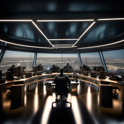 A well-lit glass penthouse office designed as a SWAT control room with 5 officers at screens on an arc console, plus another officer sitting alone at a detached desk and screen, drawing elements from the design given in the link.