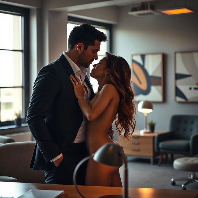 A sensual and intimate scene set in an office environment, showcasing a couple engaged in a passionate and romantic moment