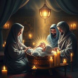 A beautiful and serene depiction of the birth of Fatimah, the daughter of Prophet Muhammad