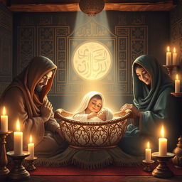 A beautiful and serene depiction of the birth of Fatimah, the daughter of Prophet Muhammad