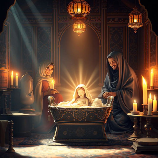 A beautiful and serene depiction of the birth of Fatimah, the daughter of Prophet Muhammad