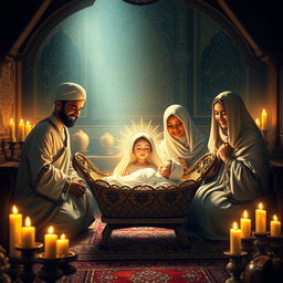 A beautiful and serene depiction of the birth of Fatimah, the daughter of Prophet Muhammad