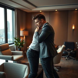 An intimate and passionate scene set in a modern office environment, featuring two attractive adult men engaging in a romantic encounter