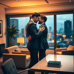 An intimate and passionate scene set in a modern office environment, featuring two attractive adult men engaging in a romantic encounter