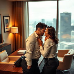 An intimate and passionate scene set in a modern office environment, featuring two attractive adult men engaging in a romantic encounter