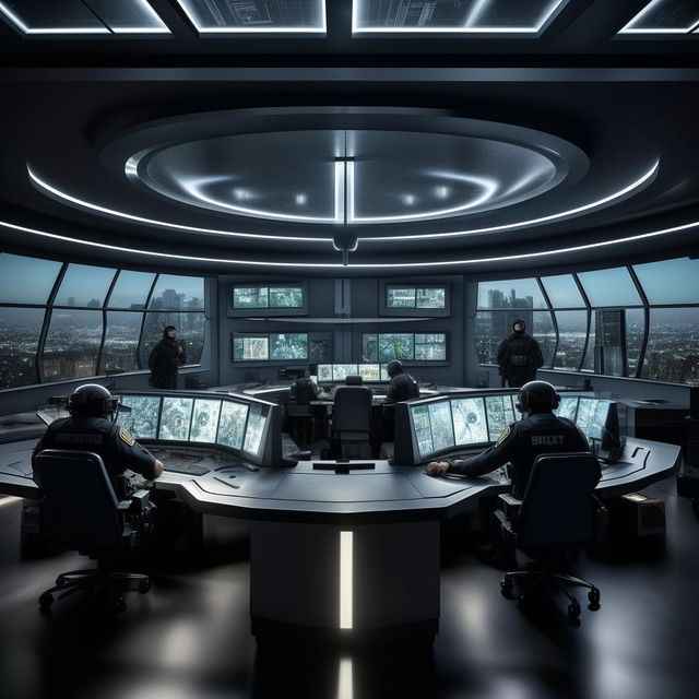 A well-lit glass penthouse office designed as a SWAT control room with 5 officers at screens on an arc console, plus another officer sitting alone at a detached desk and screen, drawing elements from the design given in the link.