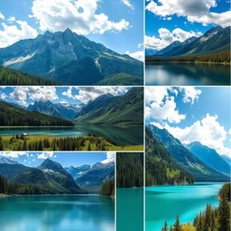 A collection of stunning and vibrant images showcasing similar landscapes featuring lush green forests, serene lakes, and majestic mountains in the background, with a bright blue sky sprinkled with fluffy white clouds