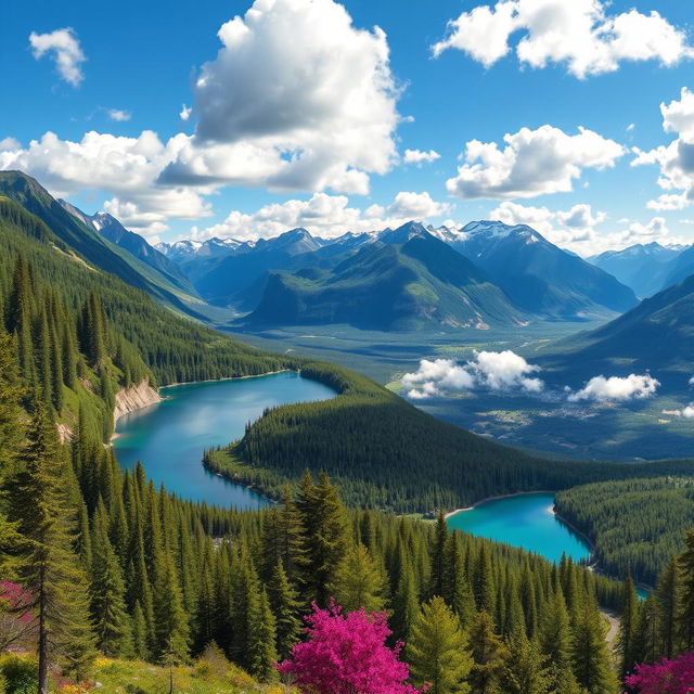 A collection of stunning and vibrant images showcasing similar landscapes featuring lush green forests, serene lakes, and majestic mountains in the background, with a bright blue sky sprinkled with fluffy white clouds