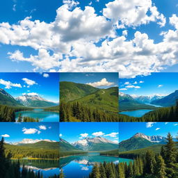 A collection of stunning and vibrant images showcasing similar landscapes featuring lush green forests, serene lakes, and majestic mountains in the background, with a bright blue sky sprinkled with fluffy white clouds