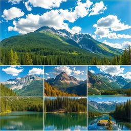 A collection of stunning and vibrant images showcasing similar landscapes featuring lush green forests, serene lakes, and majestic mountains in the background, with a bright blue sky sprinkled with fluffy white clouds