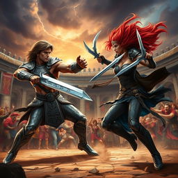 A dramatic scene depicting a fierce battle between two powerful warriors in the middle of an ancient arena
