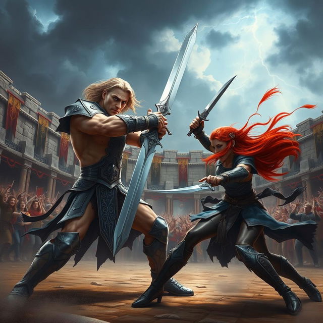 A dramatic scene depicting a fierce battle between two powerful warriors in the middle of an ancient arena