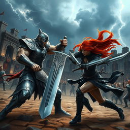 A dramatic scene depicting a fierce battle between two powerful warriors in the middle of an ancient arena