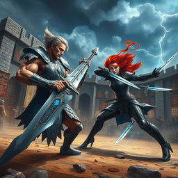 A dramatic scene depicting a fierce battle between two powerful warriors in the middle of an ancient arena