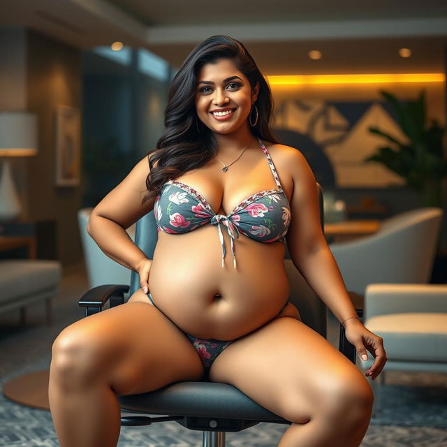 A striking woman resembling Shruti Haasan, confidently sitting on a stylish office chair while wearing a fashionable bikini that highlights her big belly and generous breasts