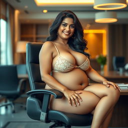 A striking woman resembling Shruti Haasan, confidently sitting on a stylish office chair while wearing a fashionable bikini that highlights her big belly and generous breasts