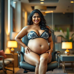 A striking woman resembling Shruti Haasan, confidently sitting on a stylish office chair while wearing a fashionable bikini that highlights her big belly and generous breasts