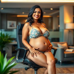 A striking woman resembling Shruti Haasan, confidently sitting on a stylish office chair while wearing a fashionable bikini that highlights her big belly and generous breasts