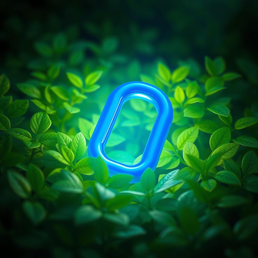 A digital artwork showcasing a vibrant blue link surrounded by lush, illuminated green foliage