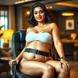 A glamorous Indian woman resembling a celebrity with a bold aesthetic, featuring Shruti Haasan's facial features and hairstyle, wearing a stylish bikini that accentuates her voluptuous figure, with a big belly and ample breasts
