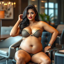 A glamorous Indian woman resembling a celebrity with a bold aesthetic, featuring Shruti Haasan's facial features and hairstyle, wearing a stylish bikini that accentuates her voluptuous figure, with a big belly and ample breasts