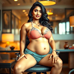 A glamorous Indian woman resembling a celebrity with a bold aesthetic, featuring Shruti Haasan's facial features and hairstyle, wearing a stylish bikini that accentuates her voluptuous figure, with a big belly and ample breasts