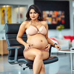 A confident woman resembling Shruti Haasan, wearing a stylish bikini, with a big belly and large breasts, comfortably sitting on a modern office chair