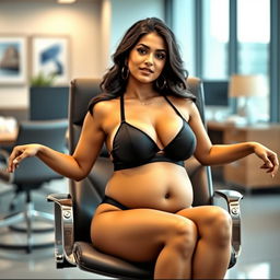 A confident woman resembling Shruti Haasan, wearing a stylish bikini that accentuates her big belly and large breasts, comfortably sitting on a sleek office chair