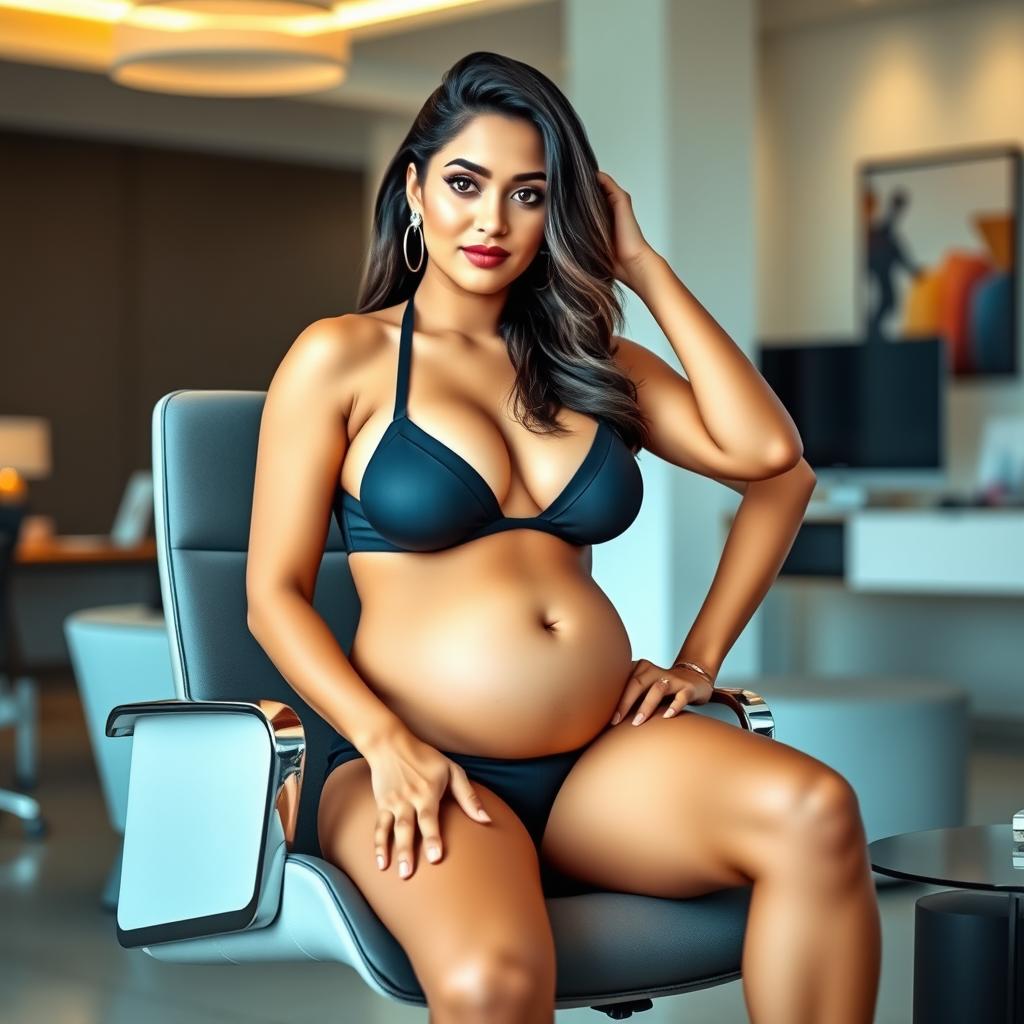 A confident woman resembling Shruti Haasan, wearing a stylish bikini that accentuates her big belly and large breasts, comfortably sitting on a sleek office chair