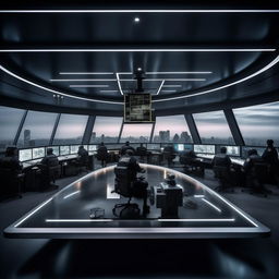 A well-lit glass penthouse office designed as a SWAT control room with 5 officers at screens on an arc console, plus another officer sitting alone at a detached desk and screen, drawing elements from the design given in the link.