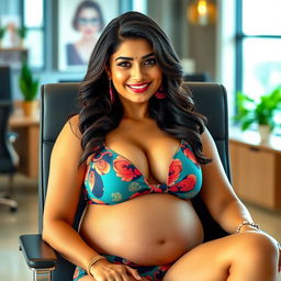 A confident woman resembling Shruti Haasan, wearing a stylish and colorful bikini that highlights her big belly and large breasts