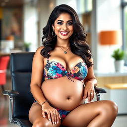 A confident woman resembling Shruti Haasan, wearing a stylish and colorful bikini that highlights her big belly and large breasts