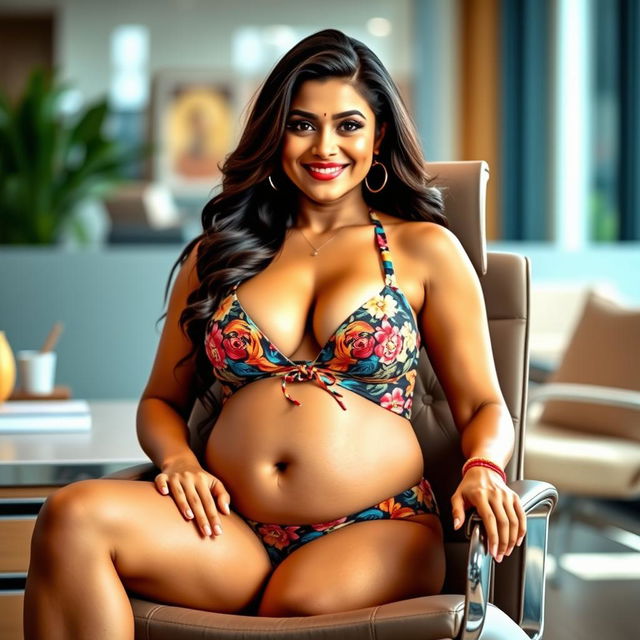 A confident woman resembling Shruti Haasan, wearing a stylish and colorful bikini that highlights her big belly and large breasts