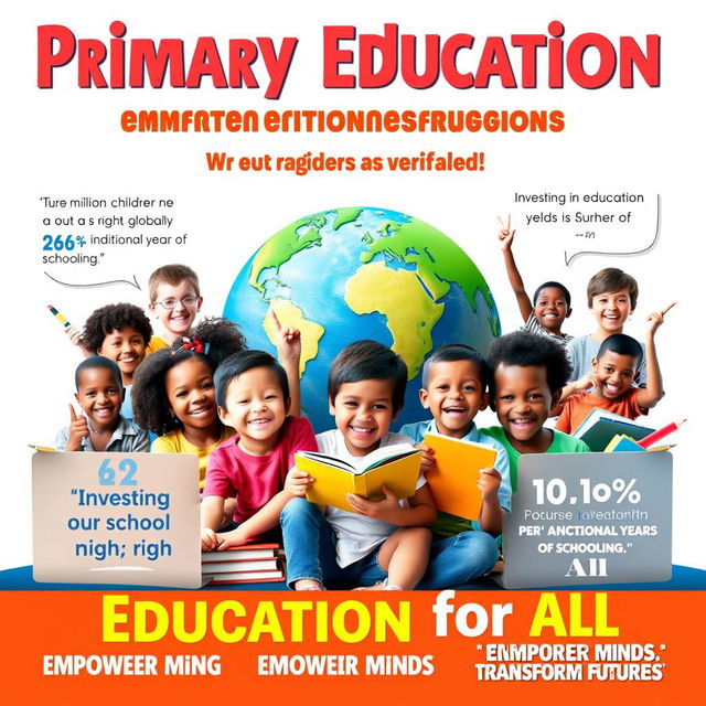 A vibrant campaign poster advocating for primary education as a fundamental human right, featuring a diverse group of children from various backgrounds joyfully engaged in learning activities