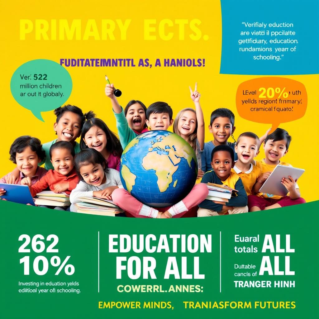 A vibrant campaign poster advocating for primary education as a fundamental human right, featuring a diverse group of children from various backgrounds joyfully engaged in learning activities